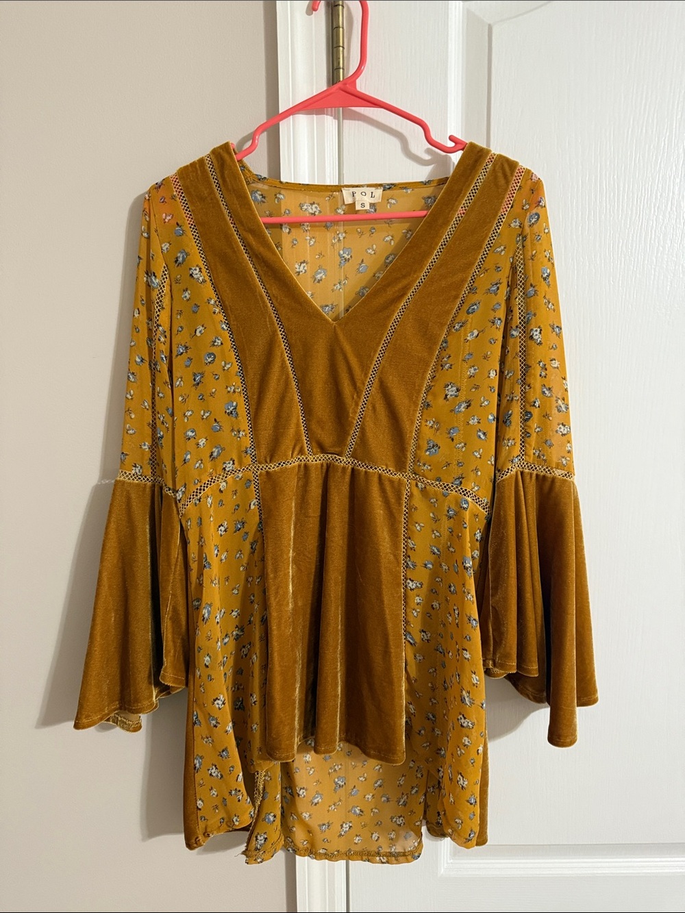 POL Mustard Velvet & Floral Bell Sleeve Blouse